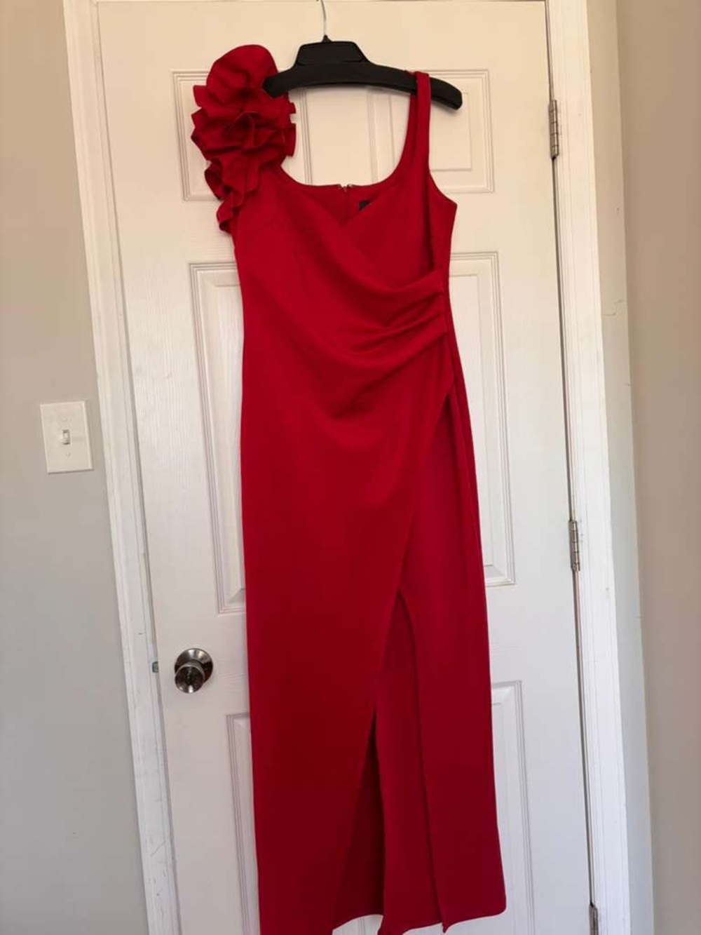 MSK Red One-Shoulder Gown with Floral Shoulder Detail